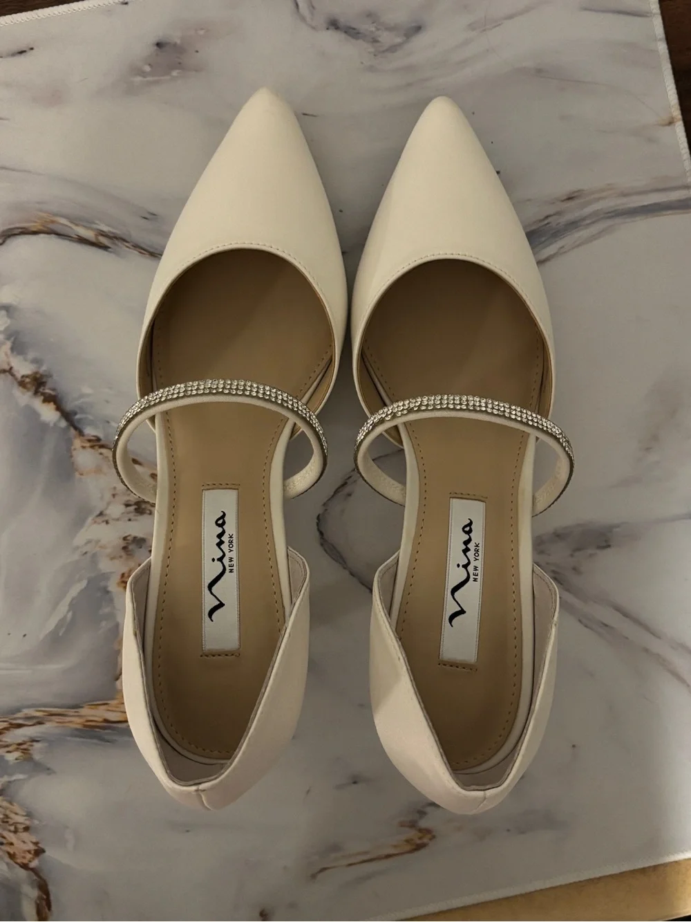Nina Cream Satin Pointed-Toe Heels with Crystal Strap